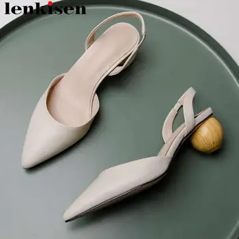 

Lenkisen full grain leather art design strange style wood med heels pointed toe slip on women sandals slingback daily shoes L11