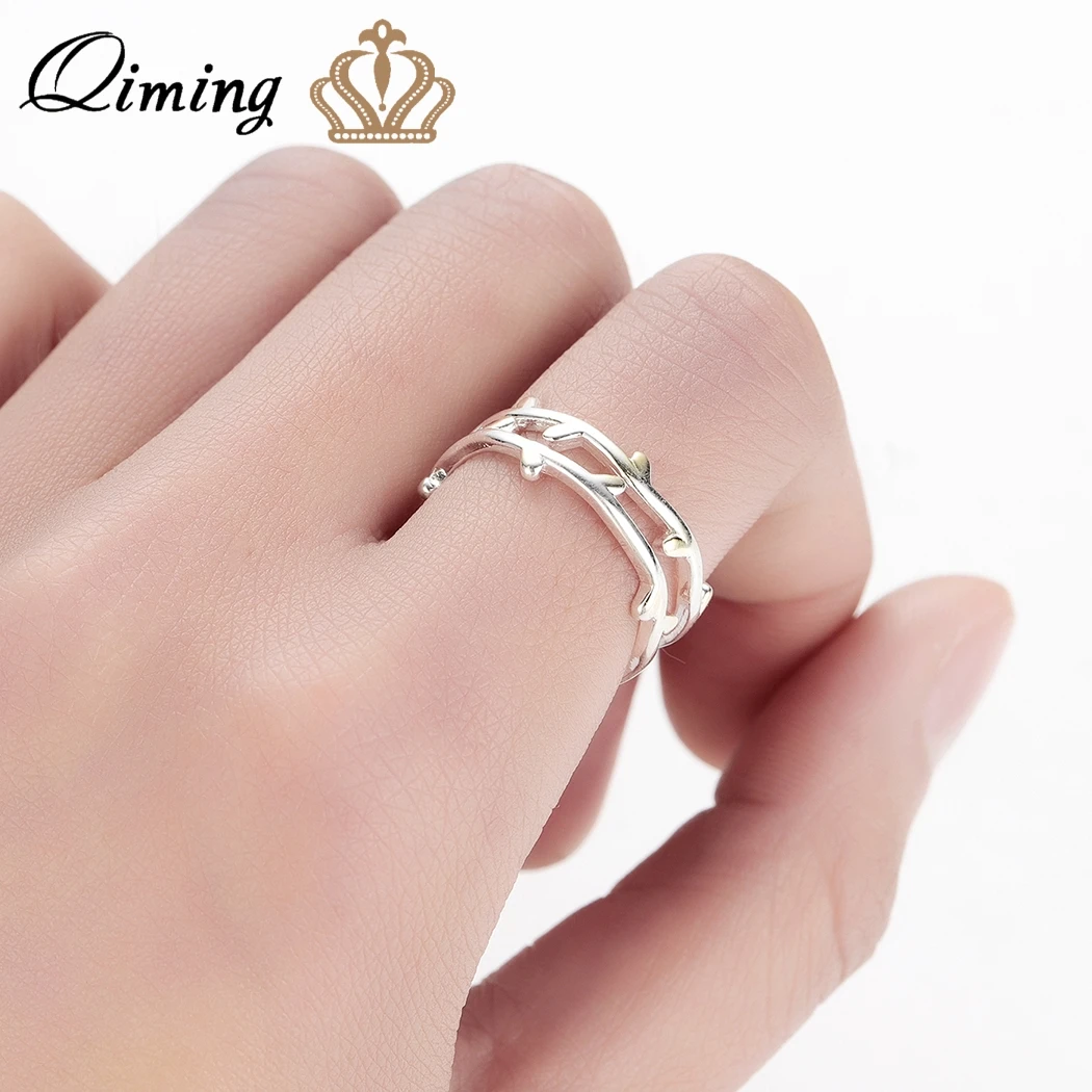 

QIMING Two Line Silver Brach Leave Rings For Women Fashion Deisgn Bohemia Adjustable Ring For Girls Party Birthday Gift