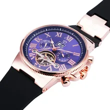 ЛУЧШИЕ ПРОДАЖИ Роскошные Tourbillon День & Дата мужские Автоматические Механические Наручные Часы Роуз Золотой Дело Темно-Синий Циферблат + ПОДАРОЧНАЯ КОРОБКА