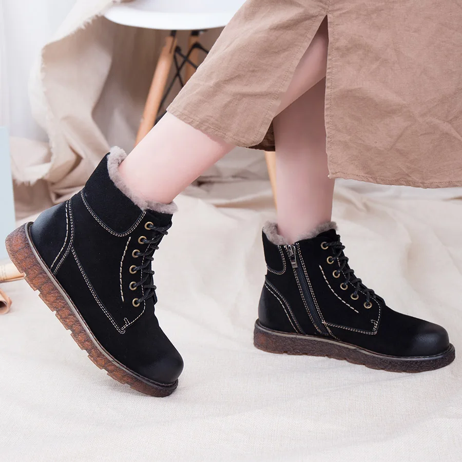 BELISS ankle boots women genuine leather 2018 casual warm fur comfortable lace up flats winter boot for women   (14)