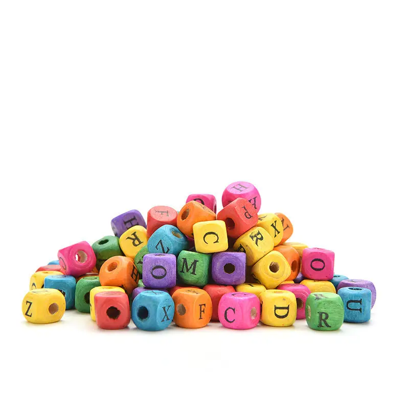 

Hot 100 pcs/set Kids DIY Mixed Letters Cube Colourful Alphabet Letters Wood Bead Square Loose Beads For Kids Learning Toys
