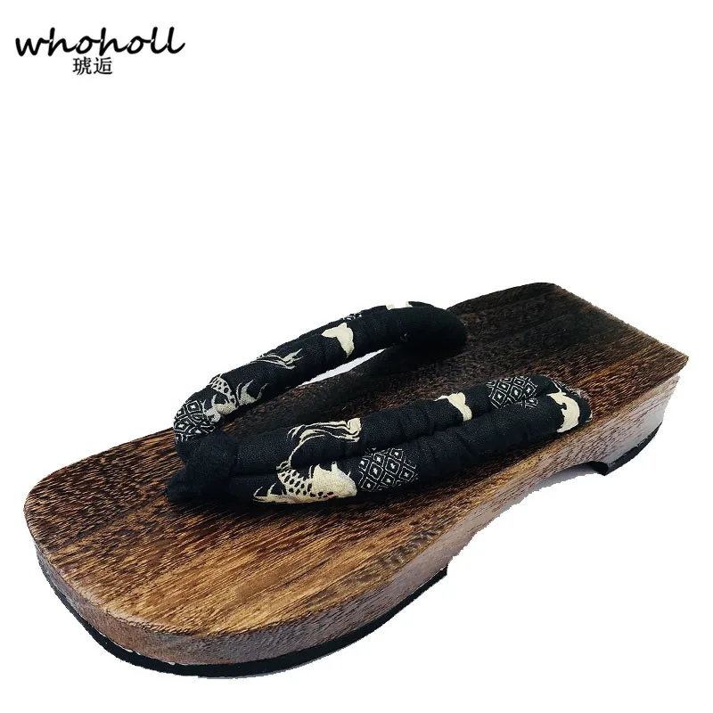 

WHOHOLL Geta Japanese Style Wooden Sandals for Man Flip-flops Flat Antiskid Slides 2019 Summer Man Sandals Dragon Print Clogs