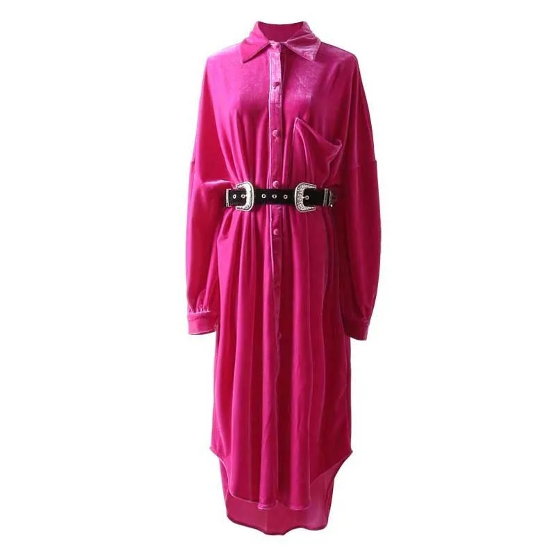 [EAM] новое осенне-зимнее бархатное свободное короткое длинное платье-рубашка с отворотом и длинным рукавом розового и красного цвета с поясом Женская мода JK576 - Цвет: rose red