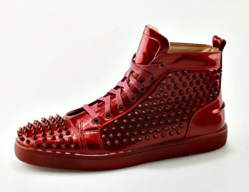 LTTL/Новинка; модные мужские кроссовки из красной лакированной кожи; Дизайнерские кроссовки с высоким берцем; дышащая мужская обувь на шнуровке с заклепками; повседневная мужская обувь