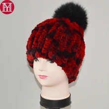 Женские вязаные меховые шапочки в полоску с натуральным кроликом Рекс, зимние женские шапки из меха кролика рекс для девочек, меховые шапки с большим лисьим мехом