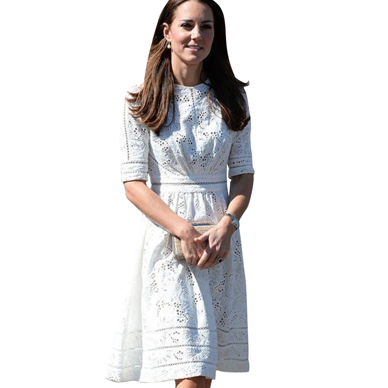 

Top Quality 2018 Kate Middleton Dress Slim Computer Cutout Jacquard Dress Pumping Cotton Summer Dress White Casual Dress CL044