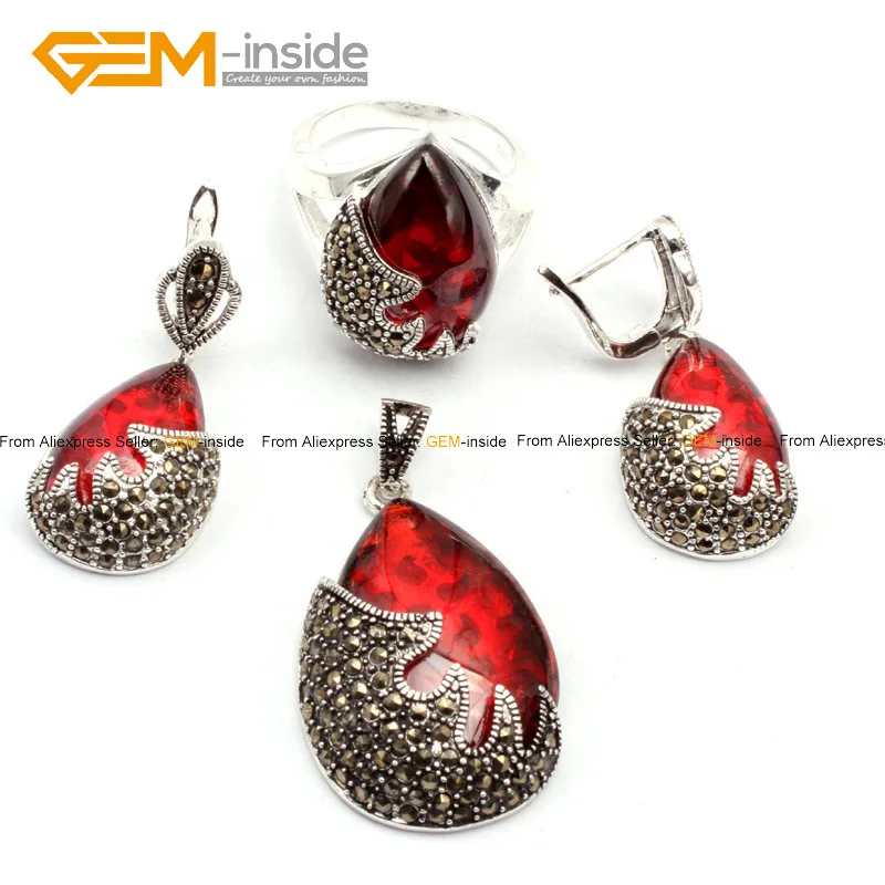 Gem-inside Semi stone (Red Glass) Drop Antiqued Tibeten Silver Ring Earrings Pendant Jewelry Set For Women Gift