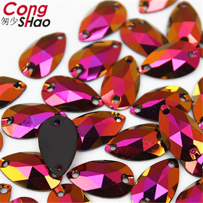 Cong Shao 100 шт 10*18 мм, форма в виде капли, черные кристаллы, AB Стразы, Пришивные с плоским основанием, 2 отверстия, камни из смолы для самостоятельного изготовления свадебного платья WC765