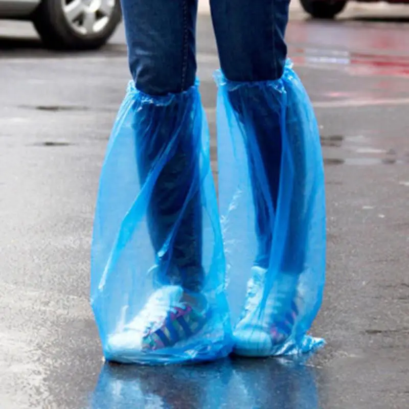 5 пар водонепроницаемых толстых пластиковых одноразовых дождевых бахилов с высоким берцем на плоской нескользящей подошве, непромокаемые бахилы#30