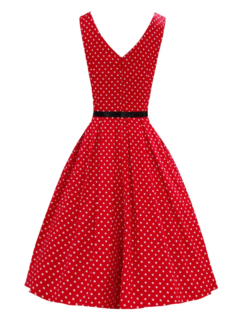Kostlish 2017 Retro Polka Dot Women Summer Dress O-Neck Sleeveless 50s Vintage Dress With Belt Elegant Party Dresses Plus Size (13)