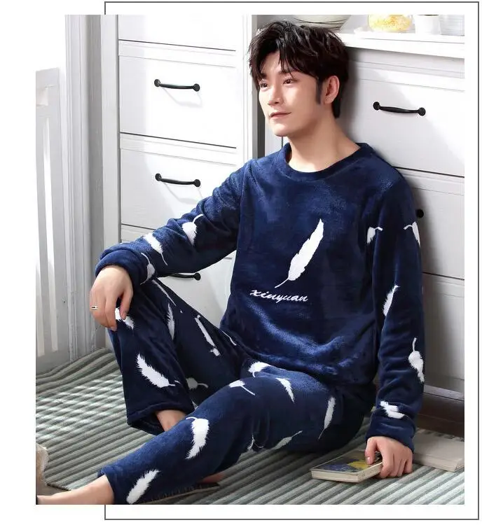 Fashion Brand Luxury Winter Pajamas Men Sleepwear Thick Warm Coral Fleece Mens Pajama Set Male Nightwear Leisure Home Clothing