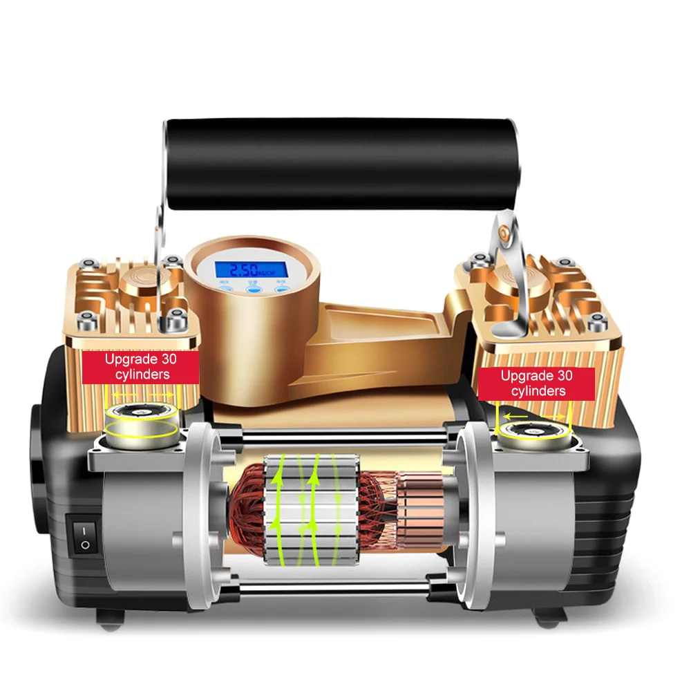 Надувной насос для автомобильных шин, 12 В, воздушный насос высокого давления, цифровой компрессор для автомобильных шин, двойной цилиндр