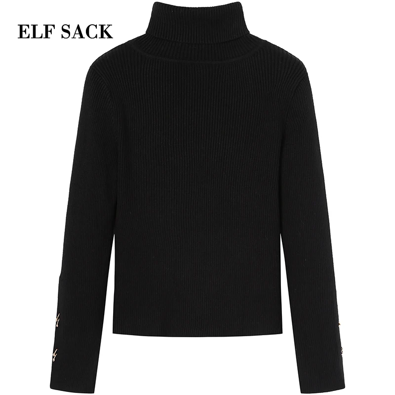 ELFSACK New Woman Sweater Solid Hand Knitted Casual Women Sweaters Turtleneck Full Short Purple Femme Pullovers Female Tops