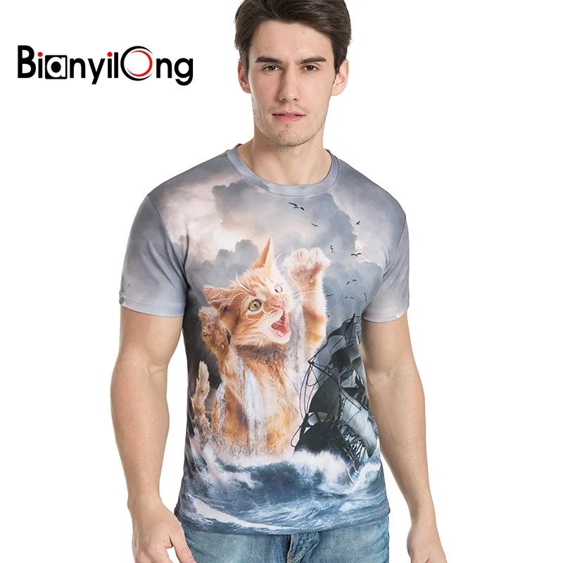 

BIANYILONG Brand clothing New Fashion Men/women short sleeves T-shirt 3d cat on the sea digital print Tees Summer Tops T Shirt