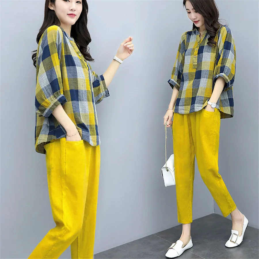

S-3xl Spring Summer Yellow Two Piece Sets Women Plus Size Plaid Blouses Shirts And Pants Suits Casual Fashion Elegant Korean Set