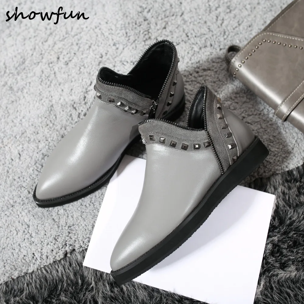 

Women's Genuine Leather Zip Decoration Slip-on Flats Ankle Boots Brand Designer Rivet Leisure Punk Short Booties Shoes for Women