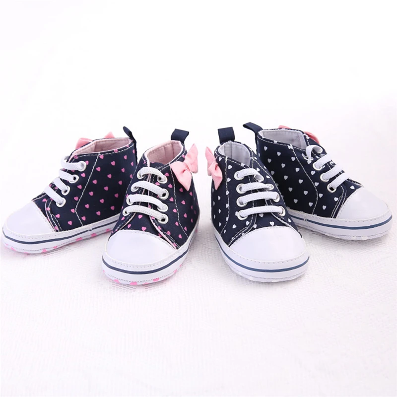 

Newborn Infant Baby Girls Shoes Soft Sole Anti-Slip Shoes Heart Print Boeknot Canvas Shoes Fashion Casual Kid Shoes