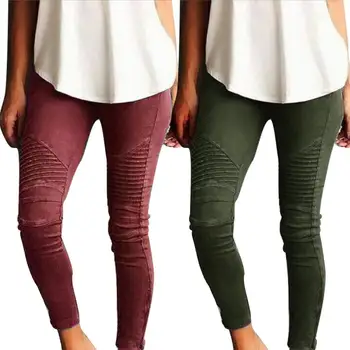 

summer Women Fashion Solid Color Pleated Tights Stretch Pencil Pants Slim Trousers