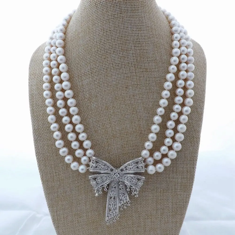 

19''-21'' 3 Rows White Pearl Necklace CZ Pendant