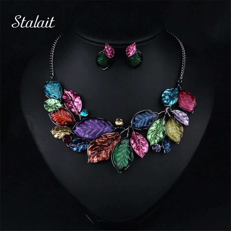 

Fashion Womens Short Collar Necklaces Jewelry Color Leaves Flowers Drip Rhinestone Statement Gothic Necklace Earring Jewelry Set