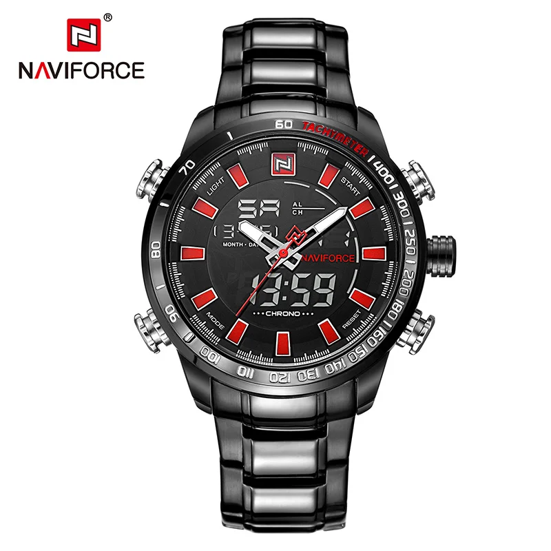 Роскошный бренд NAVIFORCE новые спортивные часы для мужчин кварцевые Светодиодные часы мужские водонепроницаемые наручные часы мужские военные часы relogio masculino - Цвет: Black Red