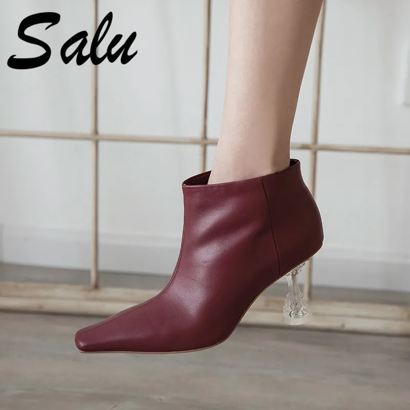 

Salu Fashion Women High Heeled Pumps Black White Zipper Autumn Winter Warm Ankle Boots Female Office Night Club Shoes