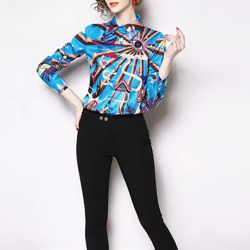 2019 Spring Autumn Fashion Streetwear Colors Contrast Printed Blouse Women Blusas Office Lady Shirt Tops |