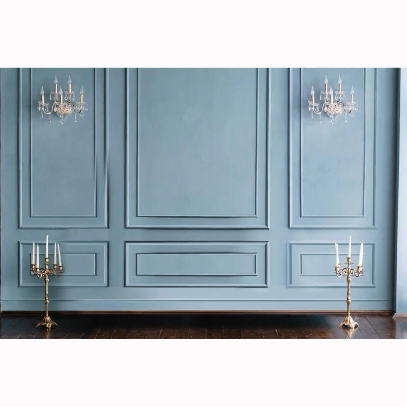 HUAYI custom rustic blue wood door backdrop for photography with traditional wall lamp wood floor background XT-5411