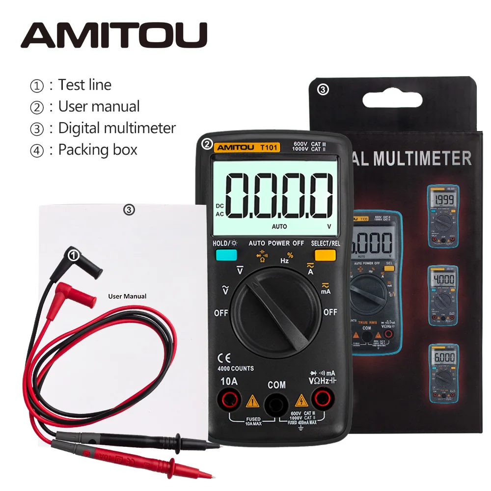 

AMITOU T101 Black Digital Multimeter Backlight AC/DC Voltage Current Resistance Frequency Buzzer Milliamp Conversion Tester