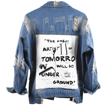 

Denim jacket women spring autumn new fashion loose bf style patch letters hole jeans coat