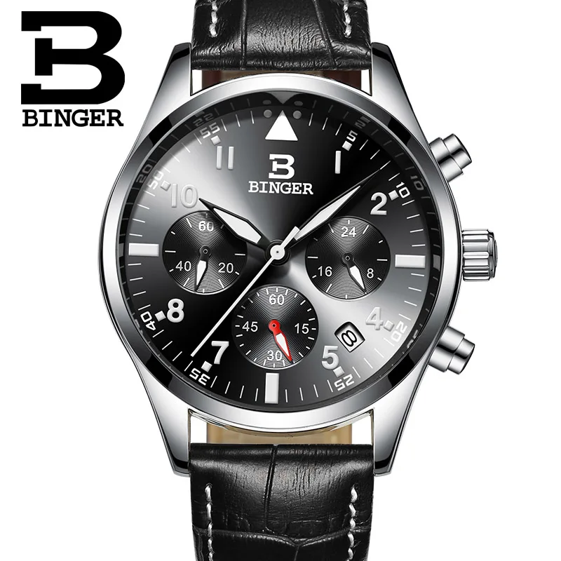 Спортивные часы Бингер с хронографом и функцией 24 часов, Роскошные мужские часы из кожи черного цвета, мужские часы от ведущего бренда, военные часы, мужские часы - Цвет: 18