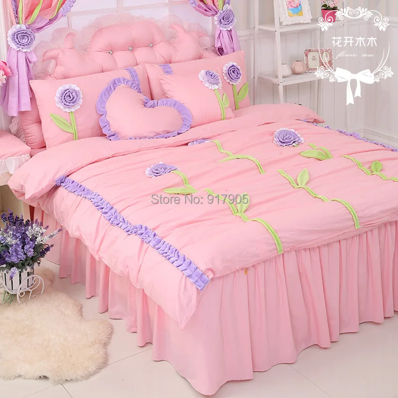 Luxury Korean Girls Princess Comforter Bedding Sets, Little Purple Rose