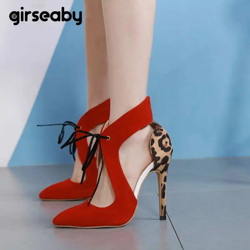 

Girseaby Pumps for women Shoes Thin high heel Pointed toe lace up mixed color leopard Summer sandalia feminina novelty E137