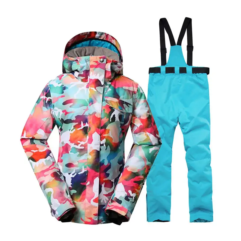 Камуфляжная женская зимняя одежда верхняя одежда Сноубординг наборы водонепроницаемые ветрозащитные дышащие лыжные куртки и пояс зимние брюки - Цвет: light blue pant