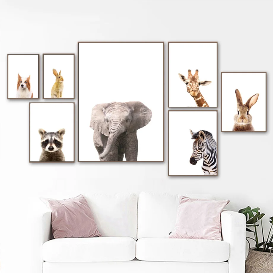 Милый слон, Зебра, жираф, енот, собака, настенная Художественная печать, холст, живопись, скандинавские плакаты и принты, фотографии животных на стену, детская комната