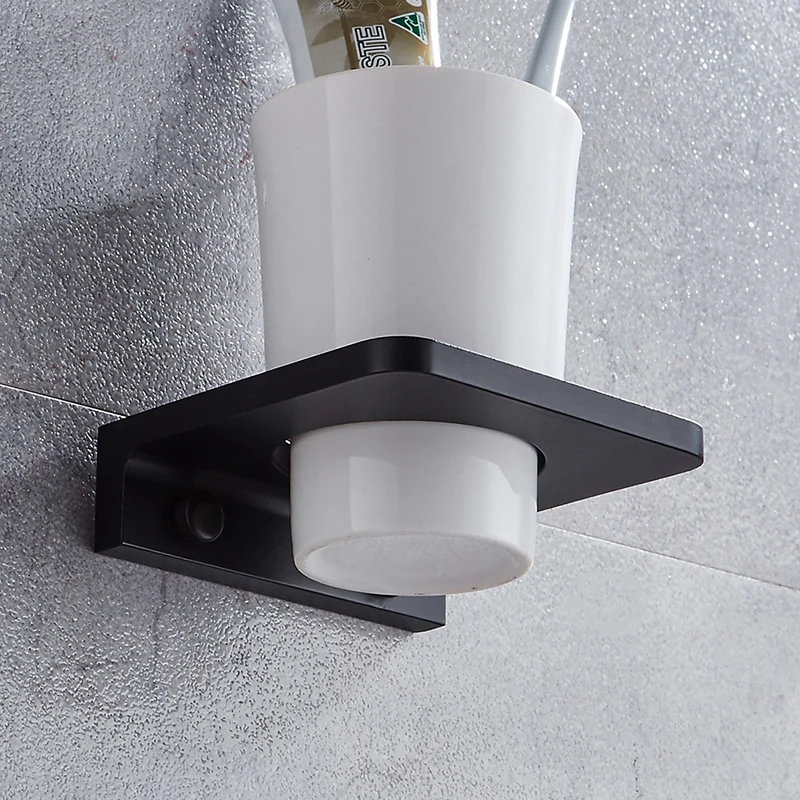 Toothbrush Holder Black Aluminum Single Glass Cup Tumbler Holder Bathroom Accessories Tooth brush Holder Set Wall Mounted