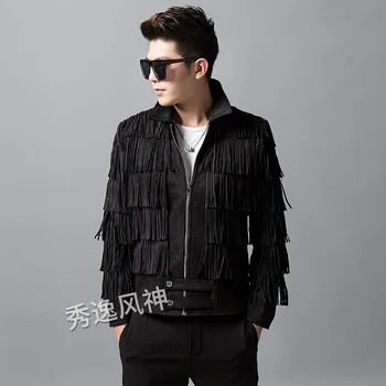 

men's handmade suede tassels tide men's jacket nightclub male model Korean version of the slim jacket tide singer stage costumes
