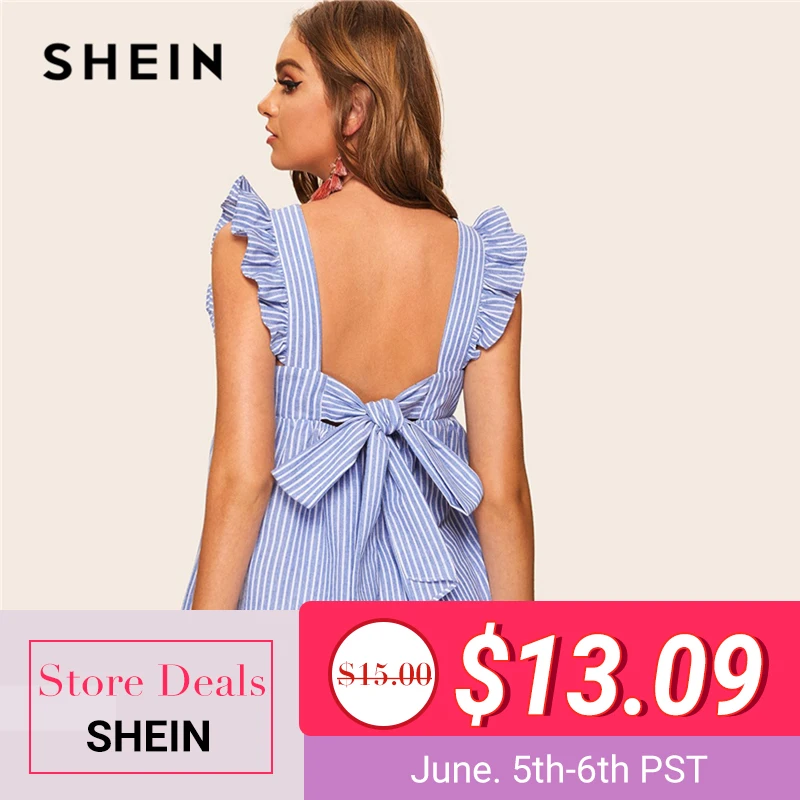 

SHEIN Boho Cute Blue Ruffle Armhole Bow Tie Back Striped Top Blouse Women Summer Round Neck Sleeveless Flare Hem Preppy Blouses