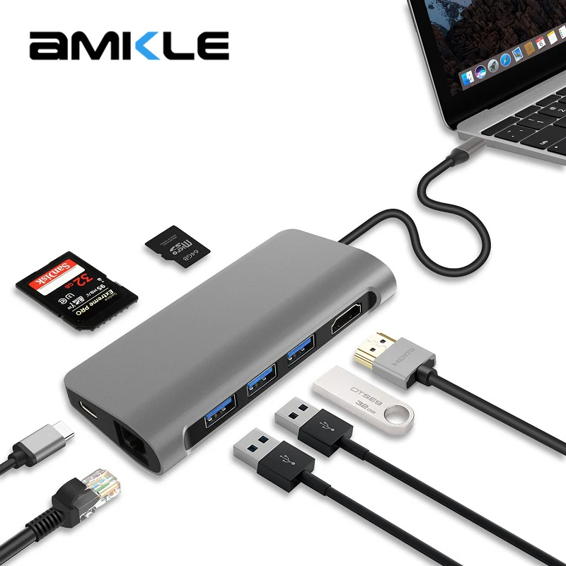 

Amkle 8 in 1 USB3.1 Hub Multifunction USB-C Hub Type-C 4K Video HDMI Gigabit Ethernet Adapter USB 3.0 USB C Type C HUB