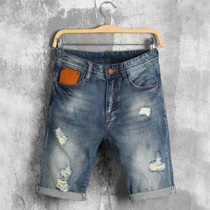 Summer New Men Leather stitching Ripped Straight Jeans Short Fashion Casual Holes Bermuda Retro Cargo Denim jogger shorts 38 40