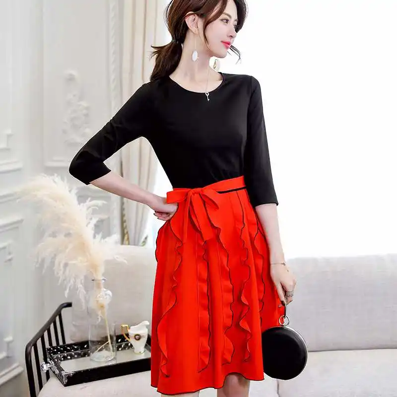 

2019 spring summer women dress new black red plus size Ruffle belt Korean midi dress fashion Slim splice dresses female vestidos