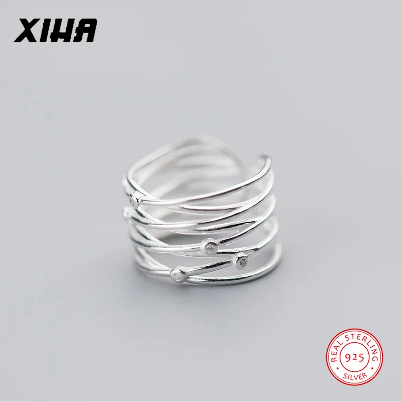 

XIHA 925 Sterling Silver Rings for Women Simple CZ Crystal Vintage Engagement Ring Multi Layer Twist Open Cuff Adjustable Jewel