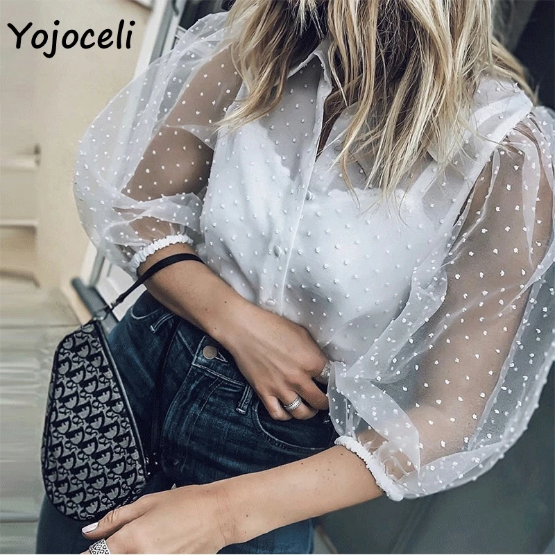 Yojoceli 2019 г. прозрачные блузки в горошек рубашка женская шифоновая шикарная топы