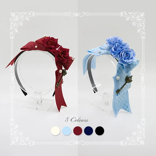 

Goodbye Alice Handmade Rose Plaid Hairband KC Bows,Key Trim Lolita Sweet Headband Headwear 5 Colors 2 Types