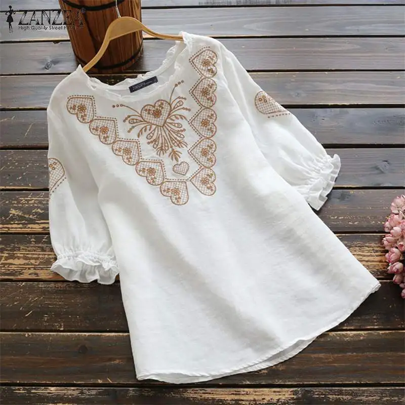 

ZANZEA Women Embroidery Blouse Ruffles Tops Summer Half Sleeve Cotton Linen Shirt Vintage Party Blusas Robe Femme Chemise Tunic