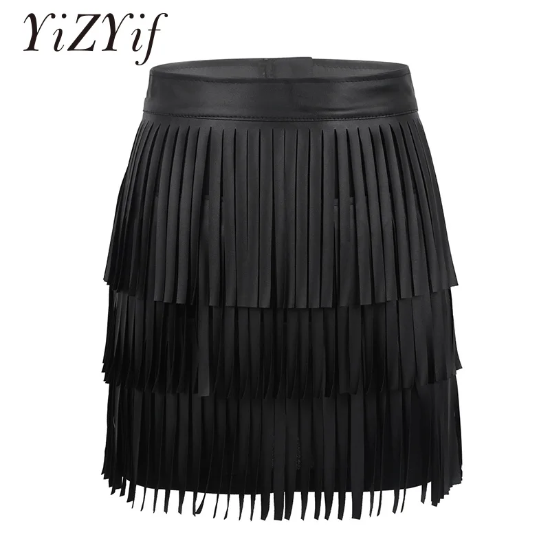 

Sexy Women Tassel Mini Skirt Party Clubwear Hippie Boho PU Leather High Waist Layered Fringe Tassel Bodycon Party Mini Skirt