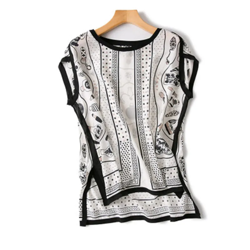 Чистый шелк женская модная летняя футболка с принтом короткий рукав открытый подол белый 2 цвета один и более размер