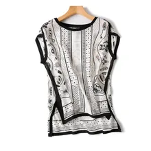 Чистый шелк женская модная летняя футболка с принтом короткий рукав открытый подол белый 2 цвета один и более размер