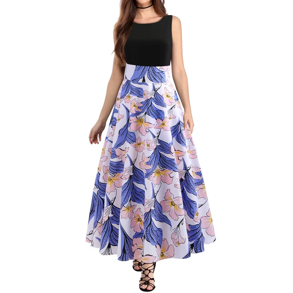 

MUQGEW elegant dress sleeveless long dress summer Women's Floral Print Evening Print Party Prom Swing Zipper Long Dress#G4