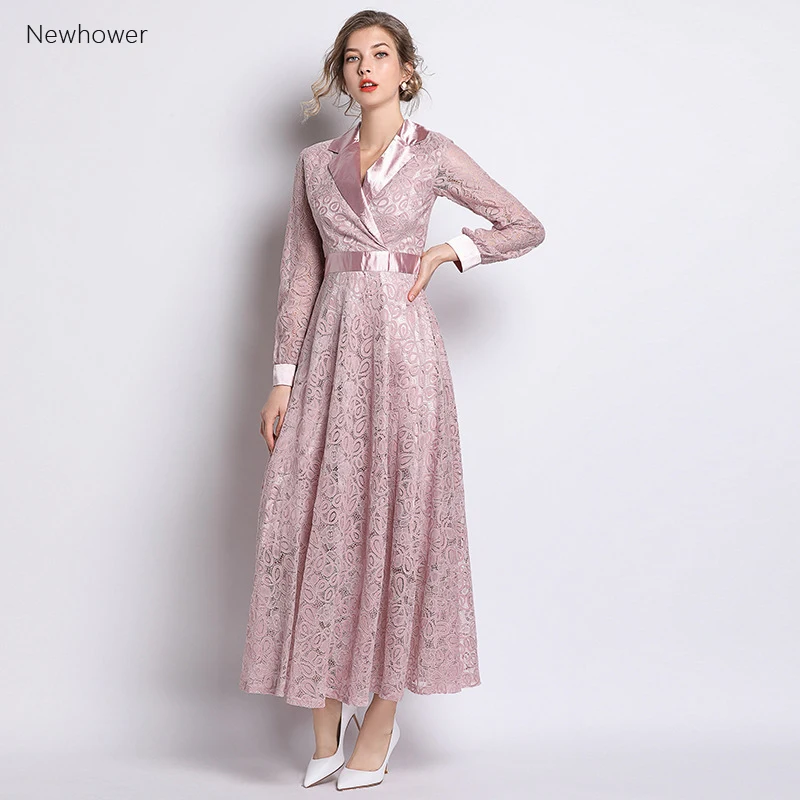 

High-end New style Fashionable vogue gentlewoman pink Lace Dress gracefue Turn down collar Slim Celebrities quality office lady